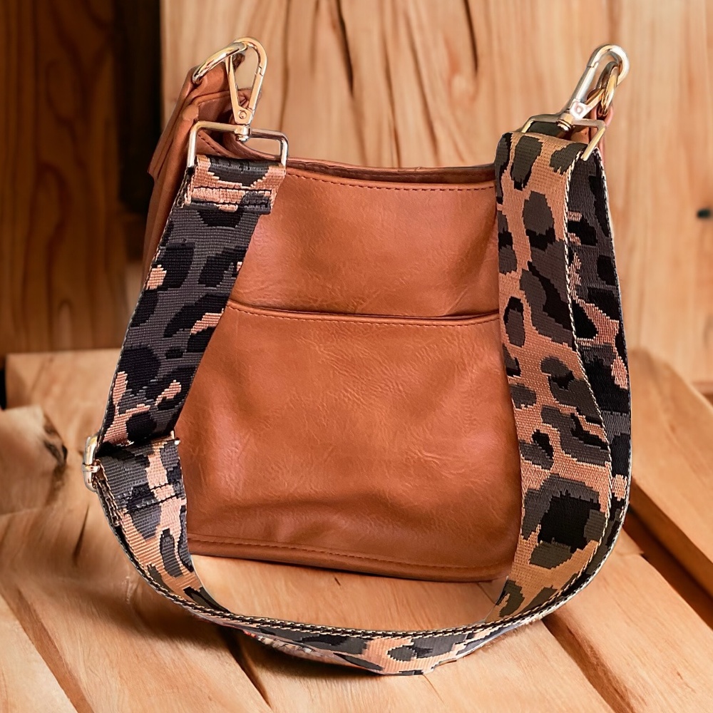 ADORNED LEATHER MESSENGER CROSSBODY with Cheetah Removable Guitar Strap in Tan